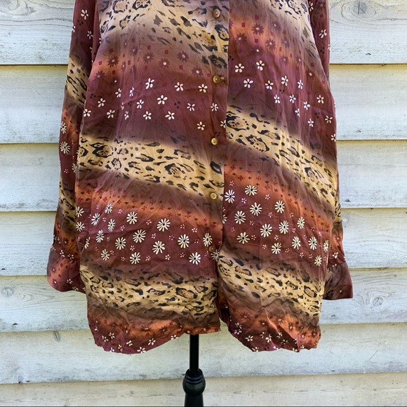 Vintage 90s Bob Mackie Silk Floral Leopard Print Button Down Long Sleeve Shirt - Picture 8 of 16